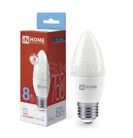 Лампа светодиодная LED-СВЕЧА-VC 8Вт 230В Е27 6500К 760Лм IN HOME 4690612024820 (4690612024820) 