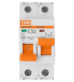 Выключатель автоматический с механической блокировкой (байпас) ВА47-29Б 1Р+1Р 32А 4,5кА х-ка C TDM SQ0206-0403