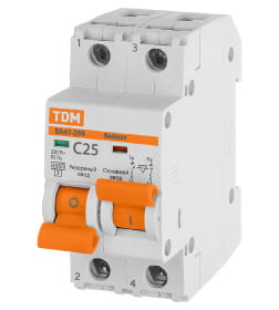 Выключатель автоматический с механической блокировкой (байпас) ВА47-29Б 1Р+1Р 25А 4,5кА х-ка C TDM SQ0206-0402