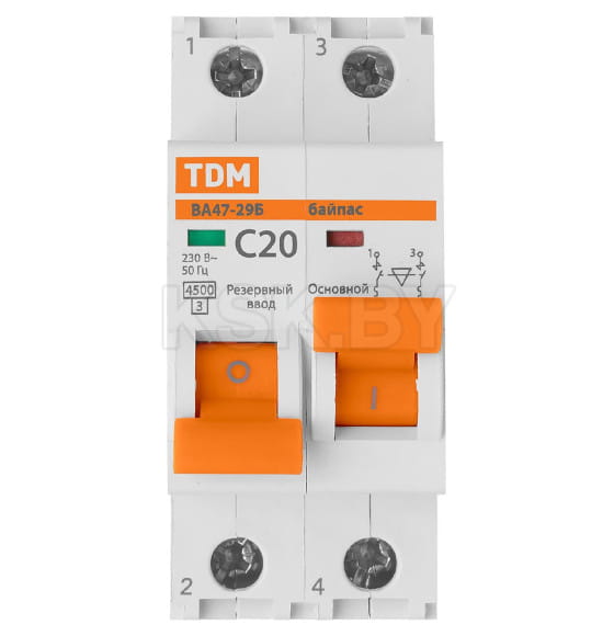 Выключатель автоматический с механической блокировкой (байпас) ВА47-29Б 1Р+1Р 20А 4,5кА х-ка C TDM SQ0206-0401 (SQ0206-0401) 