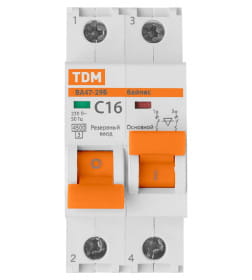 Выключатель автоматический с механической блокировкой (байпас) ВА47-29Б 1Р+1Р 16А 4,5кА х-ка C TDM SQ0206-0400