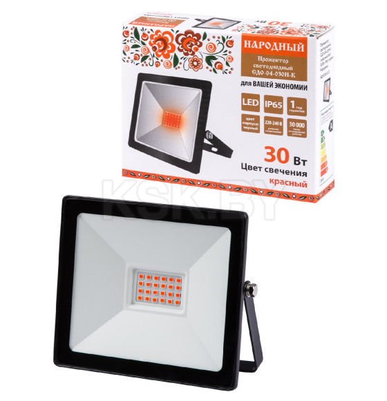Прожектор светодиодный СДО-04-030Н-К (красный свет) 30 Вт, IP65, черный, TDM Народный SQ0336-0222 (SQ0336-0222) 