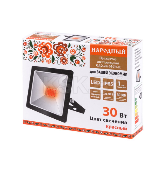 Прожектор светодиодный СДО-04-030Н-К (красный свет) 30 Вт, IP65, черный, TDM Народный SQ0336-0222 (SQ0336-0222) 