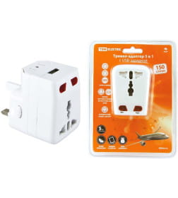Тревел-адаптер 100-250В 3A (5 в 1) c USB-зарядкой 1000мА белый TDM SQ1806-0044
