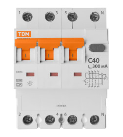 Автоматический выключатель дифференциального тока 63 4P(3Р+N) C40 300мА 6кА тип А TDM SQ0202-0028
