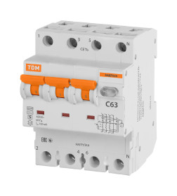 Автоматический выключатель дифференциального тока 63S 4P(3P+N) C63 100мА 6кА тип АС TDM SQ0202-0050