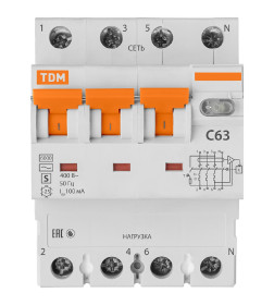 Автоматический выключатель дифференциального тока 63S 4P(3P+N) C63 100мА 6кА тип АС TDM SQ0202-0050
