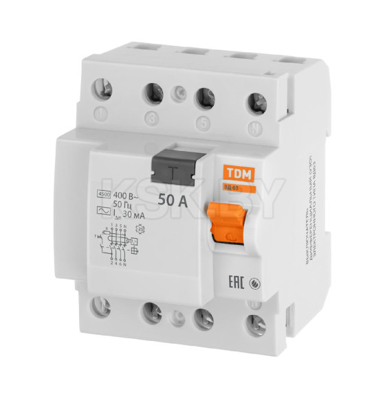 Устройство защитного отключения УЗО ВД63 4Р 50А 30мА (электронное) TDM SQ0220-0011 (SQ0220-0011) 