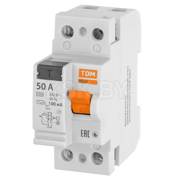 Устройство защитного отключения УЗО ВД63 2Р 50А 100мА (электронное) TDM SQ0220-0021 (SQ0220-0021) 