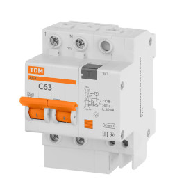 Дифференциальный автомат АД-2 2Р, C63, 30мА, 4,5кА, тип АС, TDM SQ0221-0005