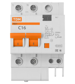 Дифференциальный автомат АД-2 2Р, C16, 30мА, 4,5кА, тип АС, TDM SQ0221-0001