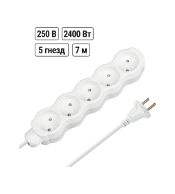 Удлинитель 5 гнезд, 7 м, б/з, с з/ш, ПВС 2х1,0 мм2, 10 А, 250 В, 2400 Вт TDM "Люкс" SQ1303-4014