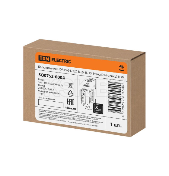 Блок питания HDR15-24, 220 В, 24 В, 15 Вт (на DIN-рейку) TDM SQ0752-0004 (SQ0752-0004) 