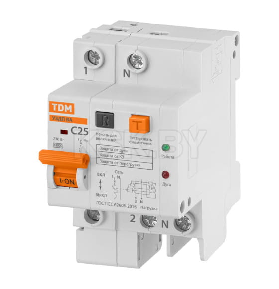 Устройство защиты от дугового пробоя (УЗДП) с автоматическим выключателем 1P+N 25А 6кА х-ка С TDM SQ0227-0004 (SQ0227-0004) 