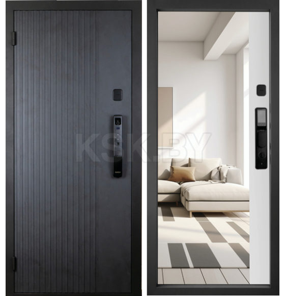 Дверь входная "Рона Smart зеркало" Бетон графит/белый (левая)  960х2050 мм