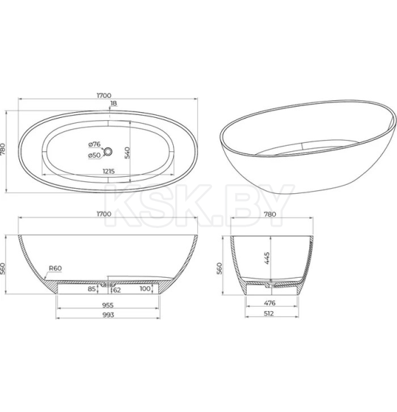 Ванна из искусственного камня IVA 170x800x550 BS101170E