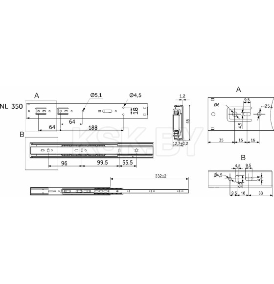 Направляющая шариковая L-350 h=45 PRIME by AKS SOFT CLOSE (114794) 