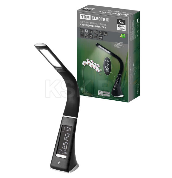 Светильник светодиодный-часы СНЧ-2, 5 Вт, календарь, термометр, 5000 К, сенсор-диммер, USB, черный, TDM SQ0337-0099 (SQ0337-0099) 