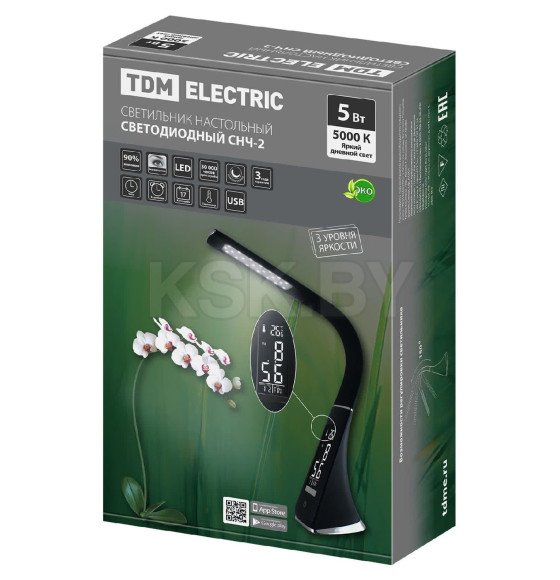 Светильник светодиодный-часы СНЧ-2, 5 Вт, календарь, термометр, 5000 К, сенсор-диммер, USB, черный, TDM SQ0337-0099 (SQ0337-0099) 