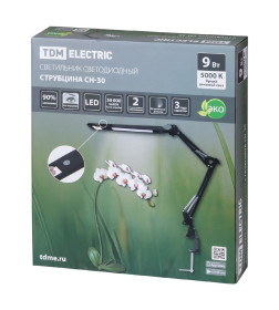 Светильник светодиодный струбцина СН-30, 2 колена, диммер, 220 В, 9 Вт, 5000 К, черный, TDM SQ0337-0160