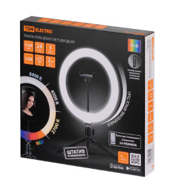 Лампа кольцевая светодиодная 30 см, 16 Вт, 2700-6400 К+RGB, штатив настольный, диммер, ПДУ, USB, TDM SQ0373-0303