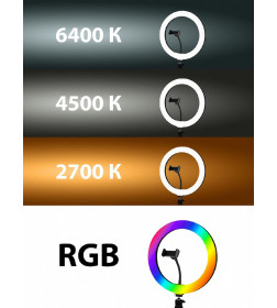 Лампа кольцевая светодиодная 30 см, 16 Вт, 2700-6400 К+RGB, штатив настольный, диммер, ПДУ, USB, TDM SQ0373-0303