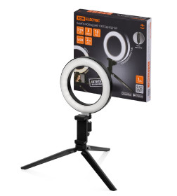 Лампа кольцевая светодиодная 16 см, 6 Вт, 2700-6400 К, штатив настольный, диммер, USB, TDM SQ0373-0301