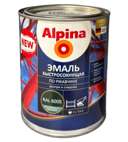 Грунт-эмаль алкидная "Alpina Эмаль быстросохнущая по ржавчине шелковисто-матовая, цветная, RAL 6005" 0,90 кг