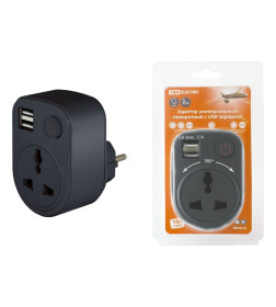 Адаптер универсальный поворотный с/з 250В 16А + 2USB 2.1A черный TDM SQ1806-0184