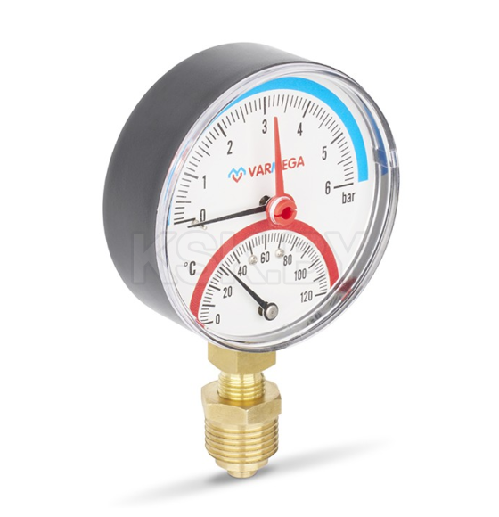 Термоманометр Varmega радиальный 80 мм, 6 бар, 120°С, 1/2", с отсекающим клапаном (VMMT07-800604) 