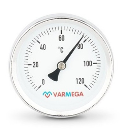 Термометр Varmega биметаллический с погружной гильзой 63 мм, 120°С, штуцер 50 мм, 1/2", с уплотнителем