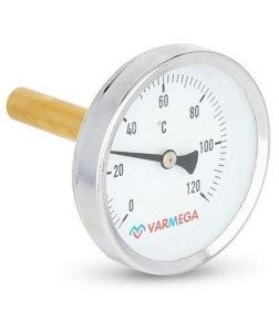 Термометр Varmega биметаллический с погружной гильзой 63 мм, 120°С, штуцер 50 мм, 1/2", с уплотнителем