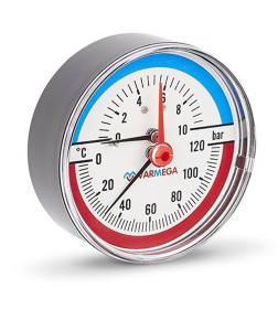 Термоманометр Varmega аксиальный 80 мм, 10 бар, 120°С, 1/2", с отсекающим клапаном