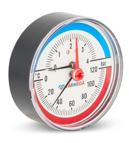 Термоманометр Varmega аксиальный 80 мм, 6 бар, 120°С, 1/2", с отсекающим клапаном