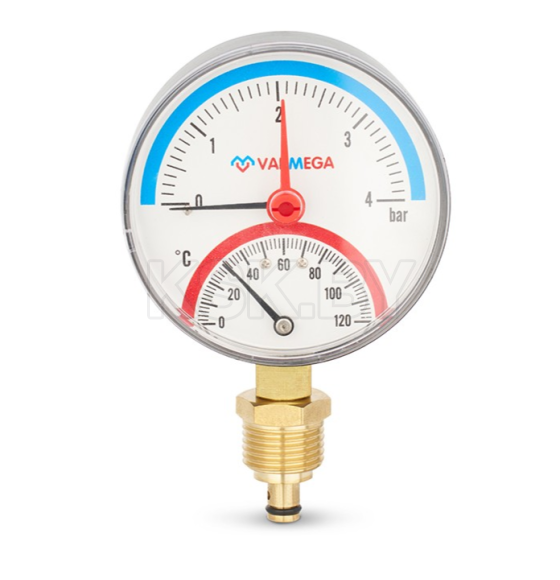 Термоманометр Varmega радиальный 80 мм, 4 бар, 120°С, 1/2", с отсекающим клапаном (VMMT07-800404) 