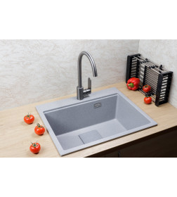 Мойка кухонная кварцевая Marblan COMFORT 60 серебро в комплекте с коландером серый