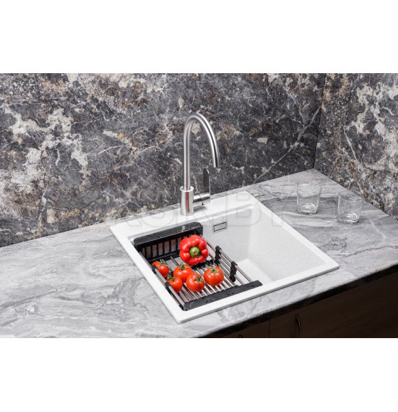 Мойка кухонная кварцевая Marblan COMFORT 50 серый в комплекте с коландером чёрный