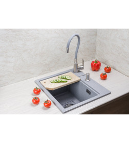 Мойка кухонная кварцевая Marblan COMFORT 48 серебро в комплекте с коландером серый