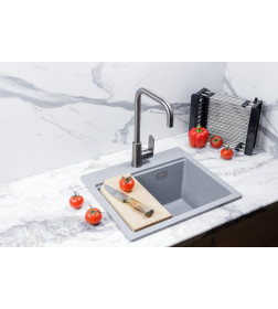 Мойка кухонная кварцевая Marblan COMFORT 48 серебро в комплекте с коландером серый