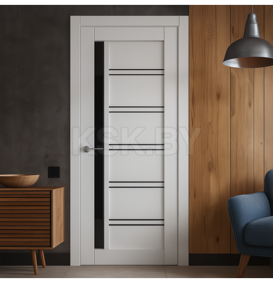 Дверное полотно V6 Вайт вуд 2000х600х35мм,стекло черное