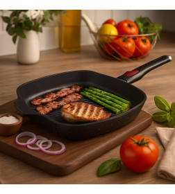 Сковорода-гриль 28 литая Индукция, квадратная Гранит, со съемной ручкой, Нева