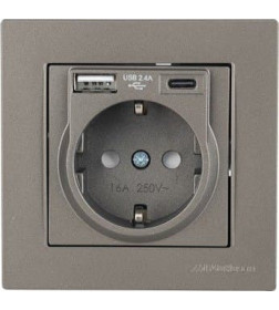 Розетка 1-я с з/к, USB Type A + USB Type C (в комплекте с рамкой), антрацит Rita