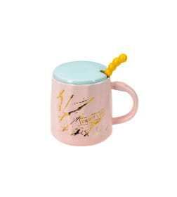Кружка керамическая 400 мл с крышкой и ложкой (BAZQ08002, код 295326) МИКС