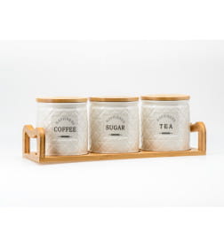 Набор банок для сыпучих продуктов керамических "Coffee, Sugar, Tea" 3 шт. 700 мл 11*11*12,3 см на бамбуковой подставке QC25A148