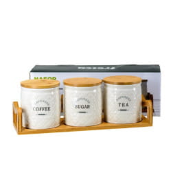 Набор банок для сыпучих продуктов керамических "Coffee, Sugar, Tea" 3 шт. 700 мл 11*11*12,3 см на бамбуковой подставке QC25A148