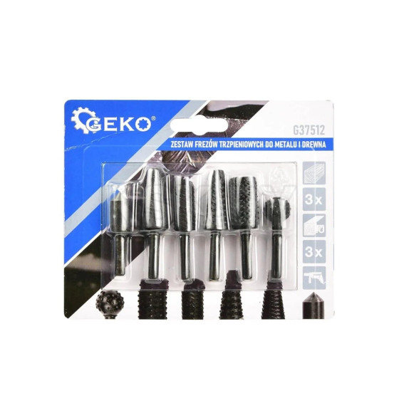 Набор бор-фрез цилиндрических по дереву и металлу (6 элементов), HSS, 6мм, GEKO (G37512) 