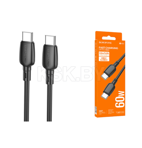 Кабель USB-C BOROFONE BX93 Super power Type-C - Type-C, 3A, 60W, 1 м, черный (О3193) 
