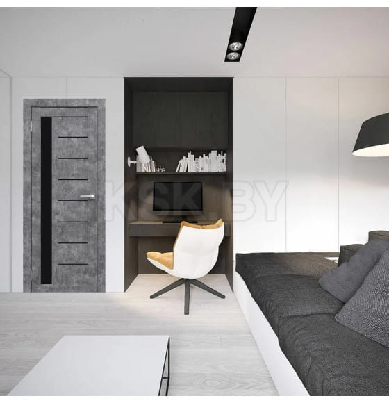 Дверное полотно Амати 04, 900х2000, Экошпон, Бетон светлый,стекло черное