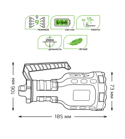 Фонарь ручной Gauss модель GFL209 10W 250lm Li-ion 1200mAh LED