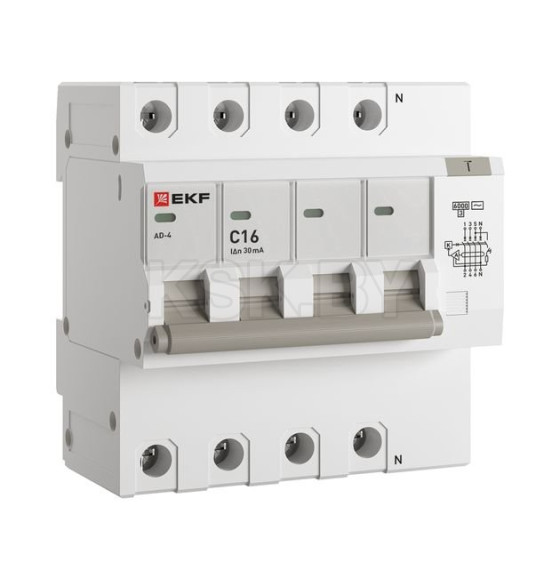 Дифференциальный автомат АД-4 16А/ 30мА (хар. C, AC, электронный) 6кА EKF PROxima (DA4-6-16-30-pro) 